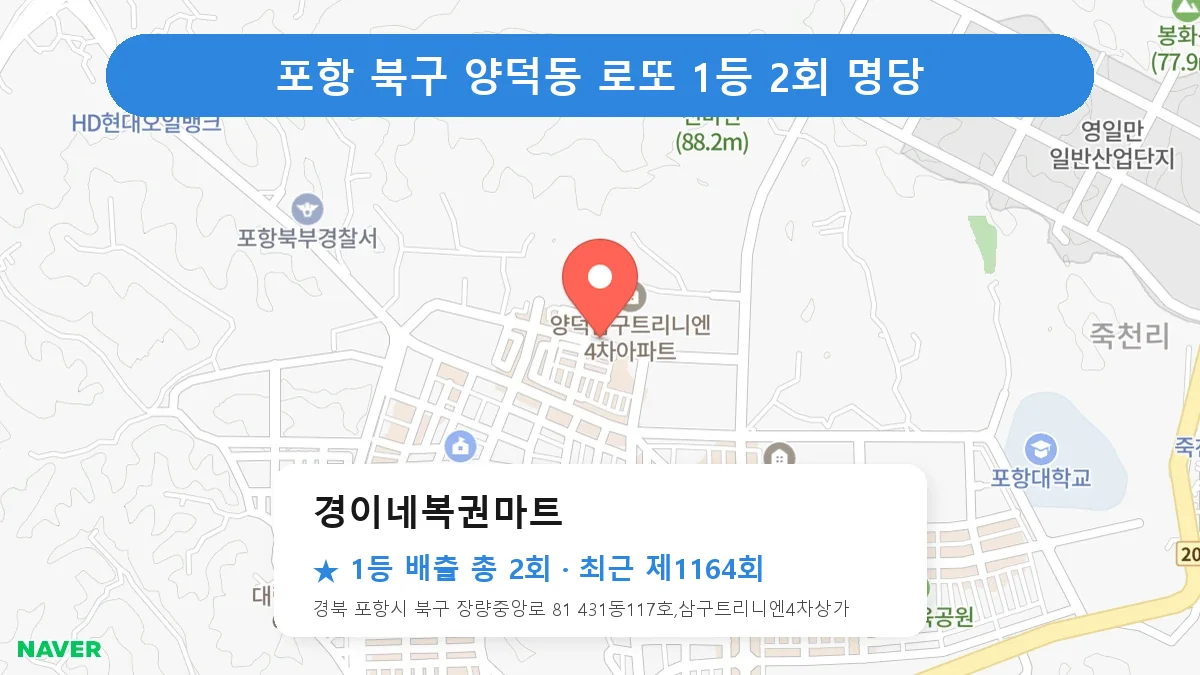 포항 북구 경이네복권마트 로또 1등 2회 명당 | 위치·당첨 이력 (경북 포항시 북구 양덕동)