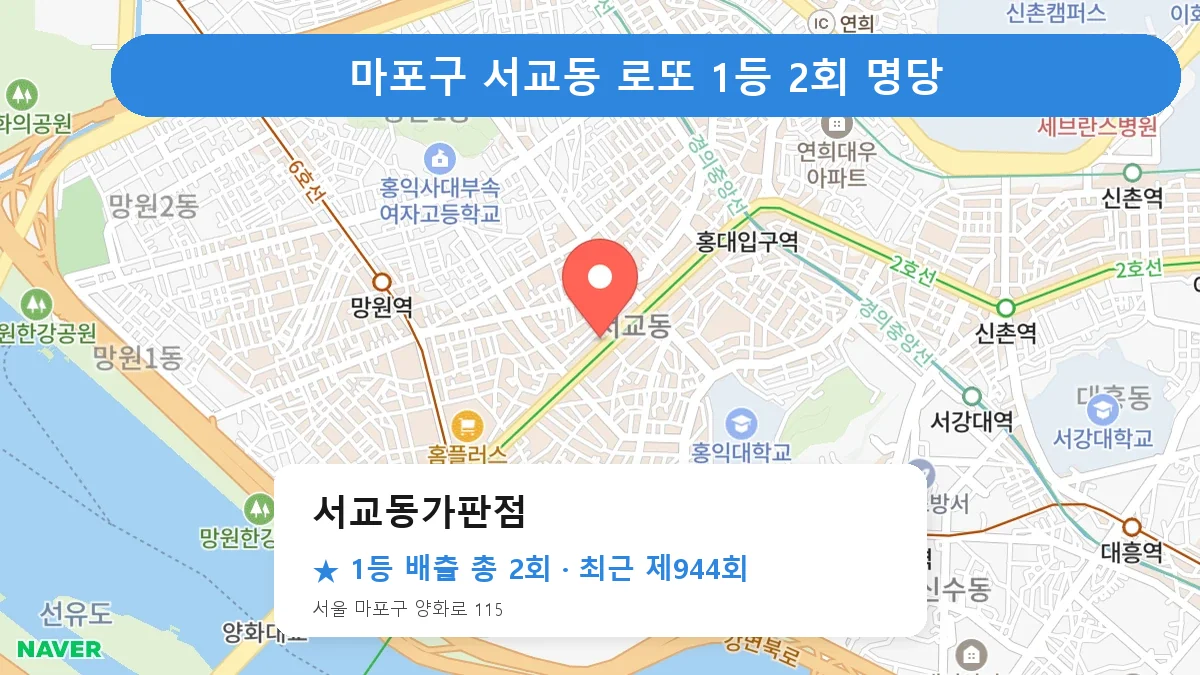 마포구 서교동가판점 로또 1등 2회 명당 | 위치·당첨 이력 (서울 마포구 서교동)