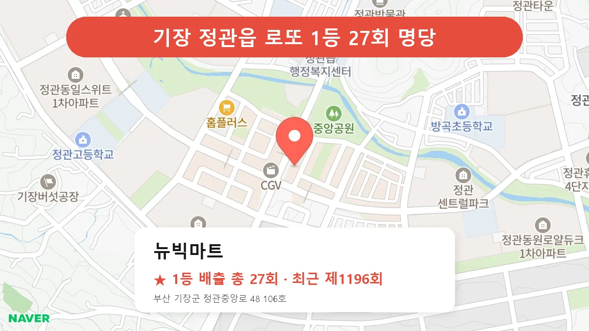 기장 뉴빅마트 로또 1등 27회 명당 | 위치·당첨 이력 (부산 기장군 정관읍)