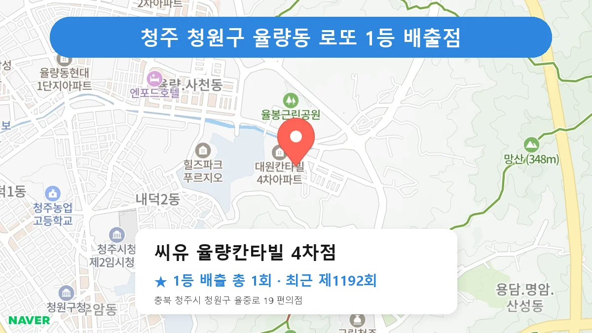 청주 청원구 씨유 율량칸타빌 4차점 로또 1등 1회 명당 | 위치·당첨 이력 (충북 청주시 청원구 율량동)