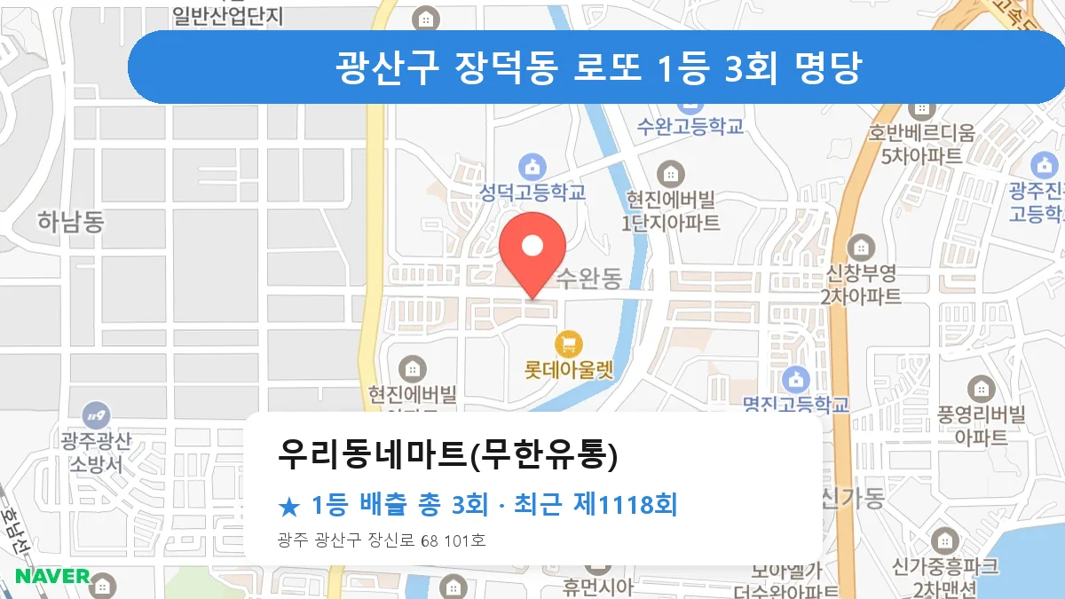 광산구 우리동네마트(무한유통) 로또 1등 3회 명당 | 위치·당첨 이력 (광주 광산구 장덕동)