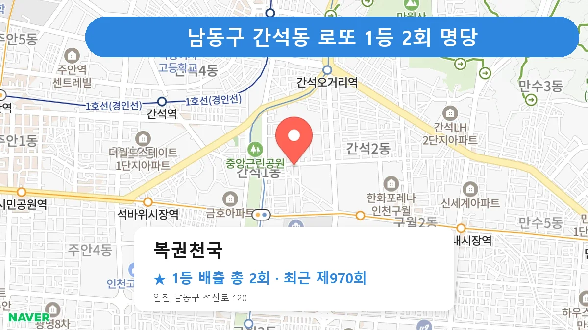 남동구 복권천국 로또 1등 2회 명당 | 위치·당첨 이력 (인천 남동구 간석동)