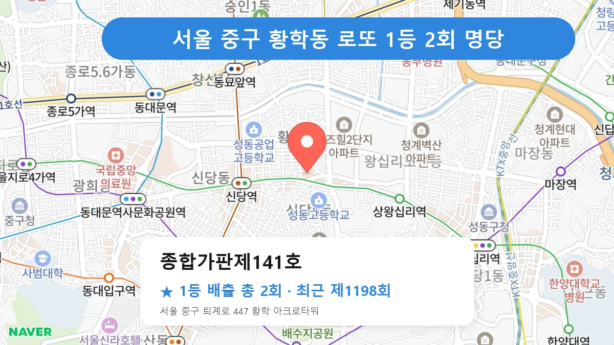서울 중구 종합가판제141호 로또 1등 2회 명당 | 위치·당첨 이력 (서울 중구 황학동)