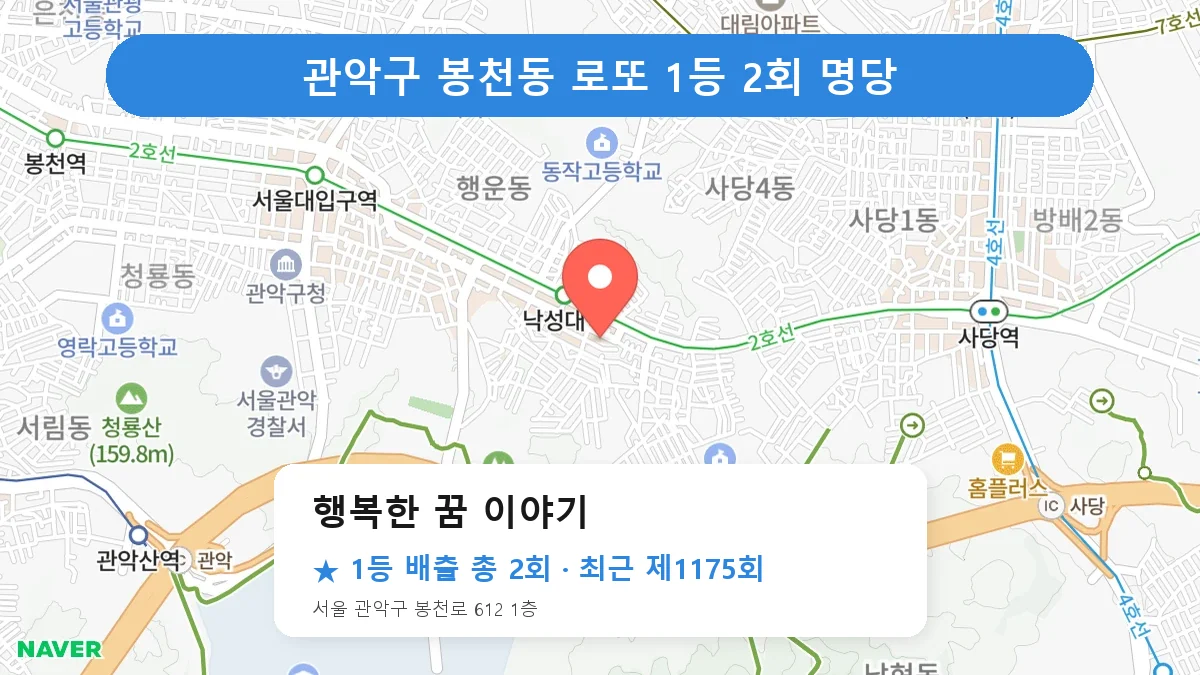 관악구 행복한 꿈 이야기 로또 1등 2회 명당 | 위치·당첨 이력 (서울 관악구 봉천동)