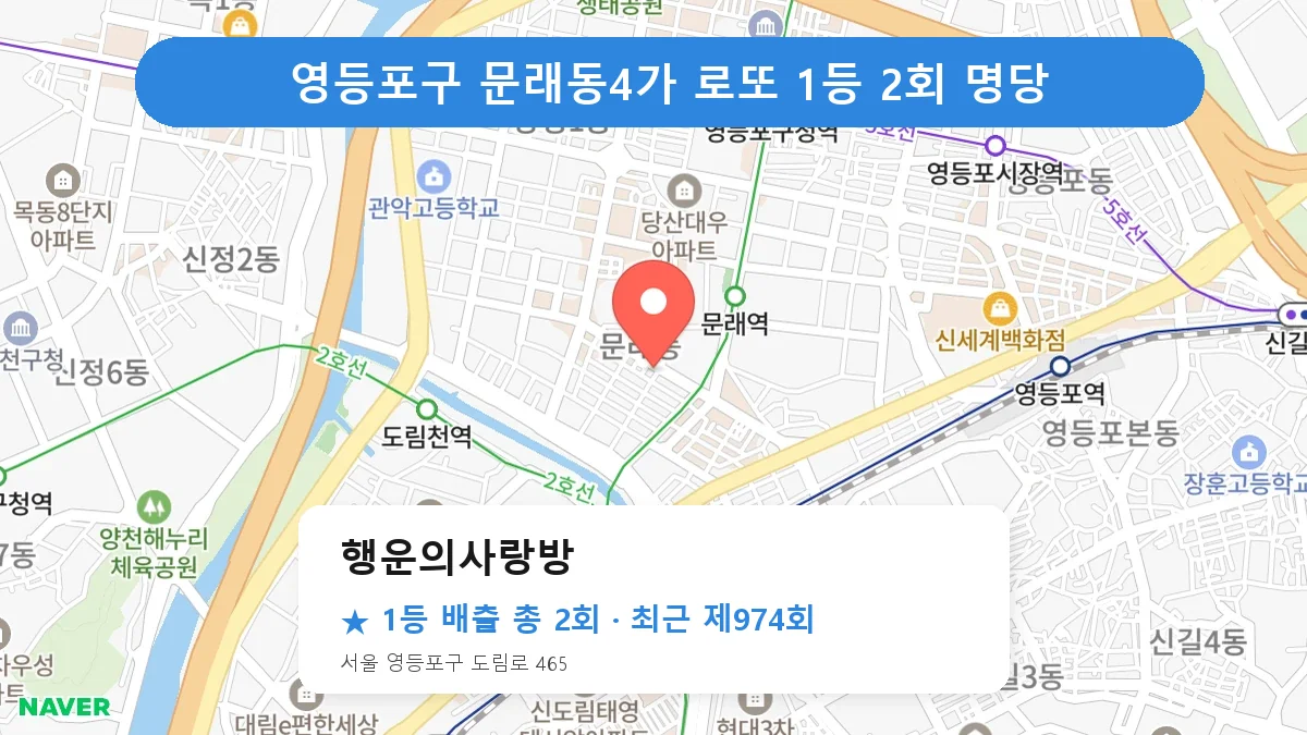 영등포구 행운의사랑방 로또 1등 2회 명당 | 위치·당첨 이력 (서울 영등포구 문래동4가)