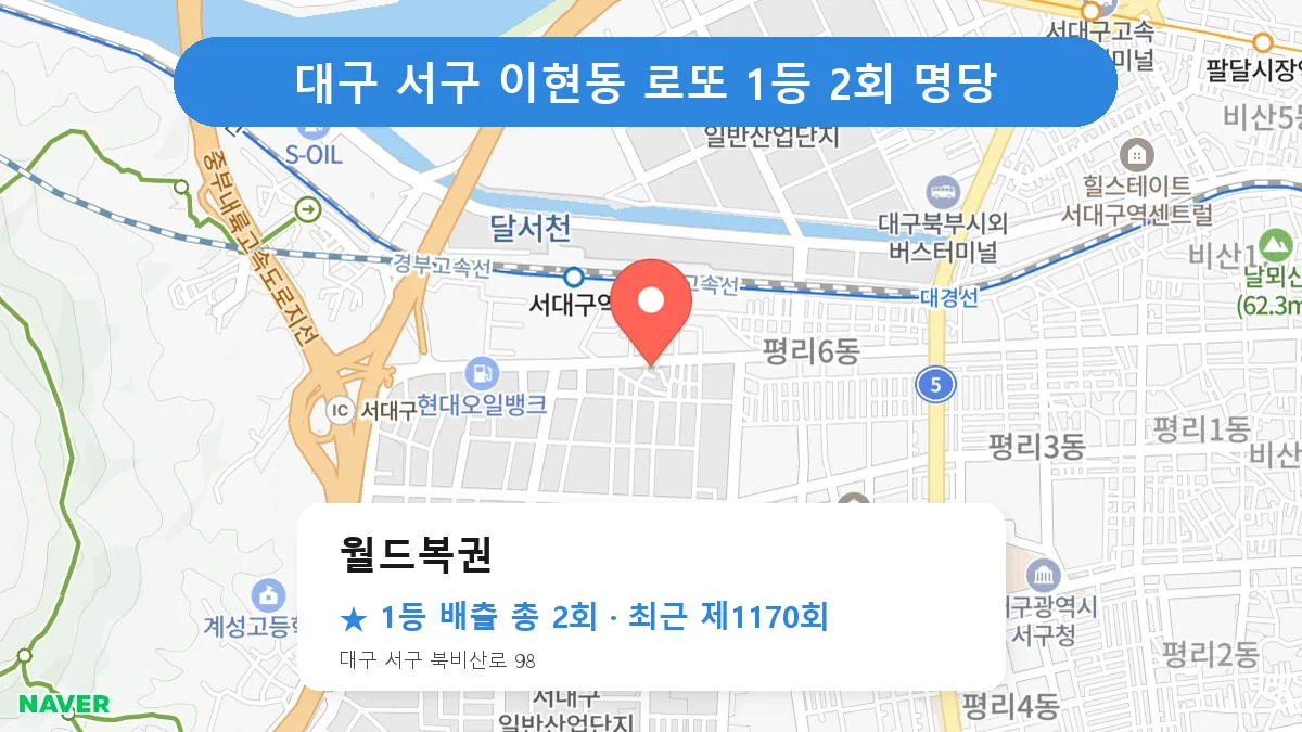대구 서구 월드복권 로또 1등 2회 명당 | 위치·당첨 이력 (대구 서구 이현동)