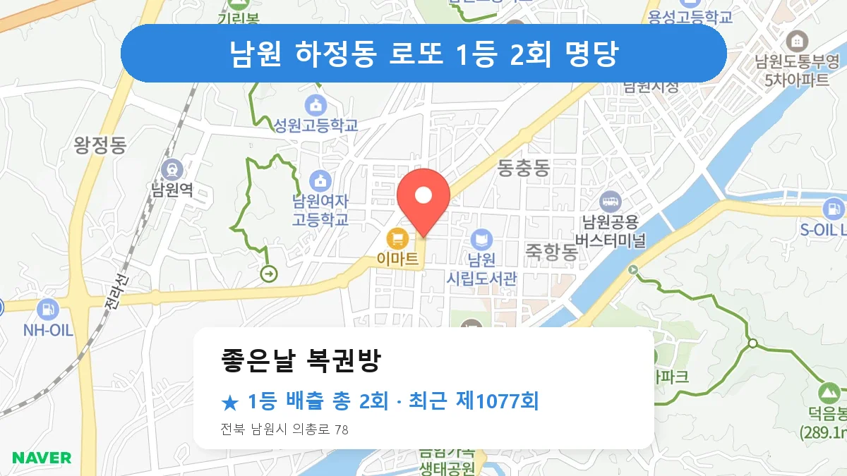 남원 좋은날 복권방 로또 1등 2회 명당 | 위치·당첨 이력 (전북 남원시 하정동)