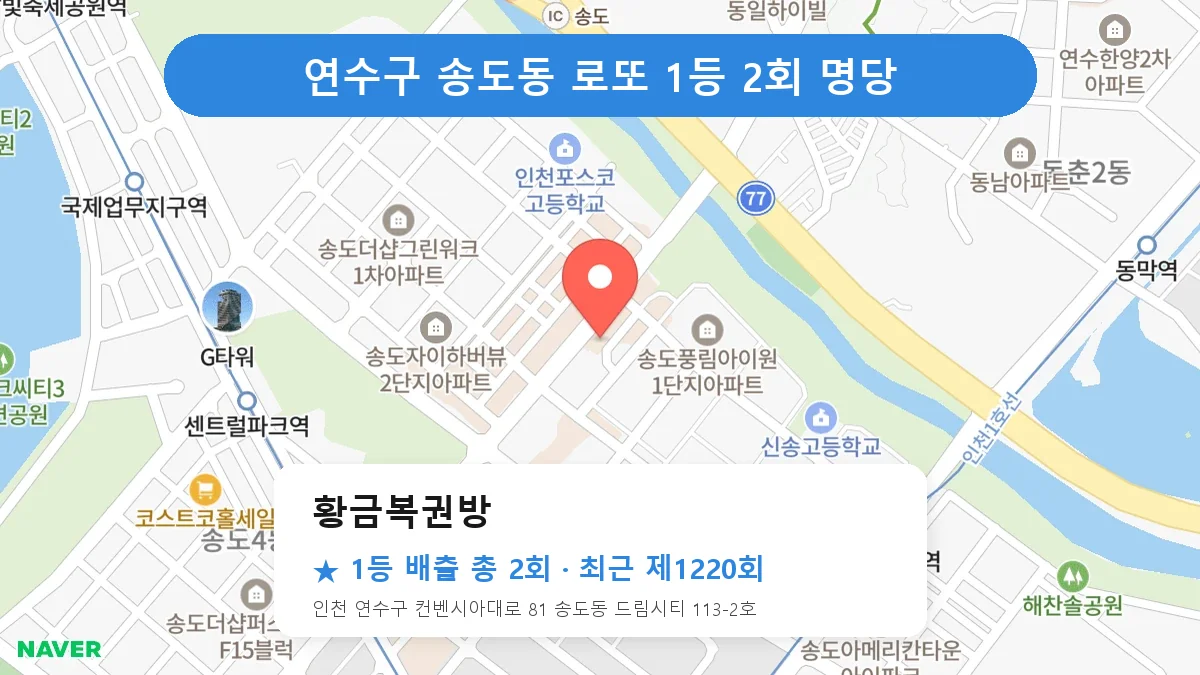 연수구 황금복권방 로또 1등 2회 명당 | 위치·당첨 이력 (인천 연수구 송도동)