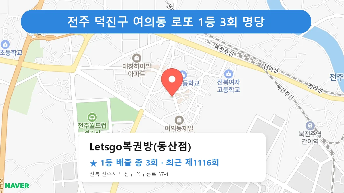 전주 덕진구 Letsgo복권방(동산점) 로또 1등 3회 명당 | 위치·당첨 이력