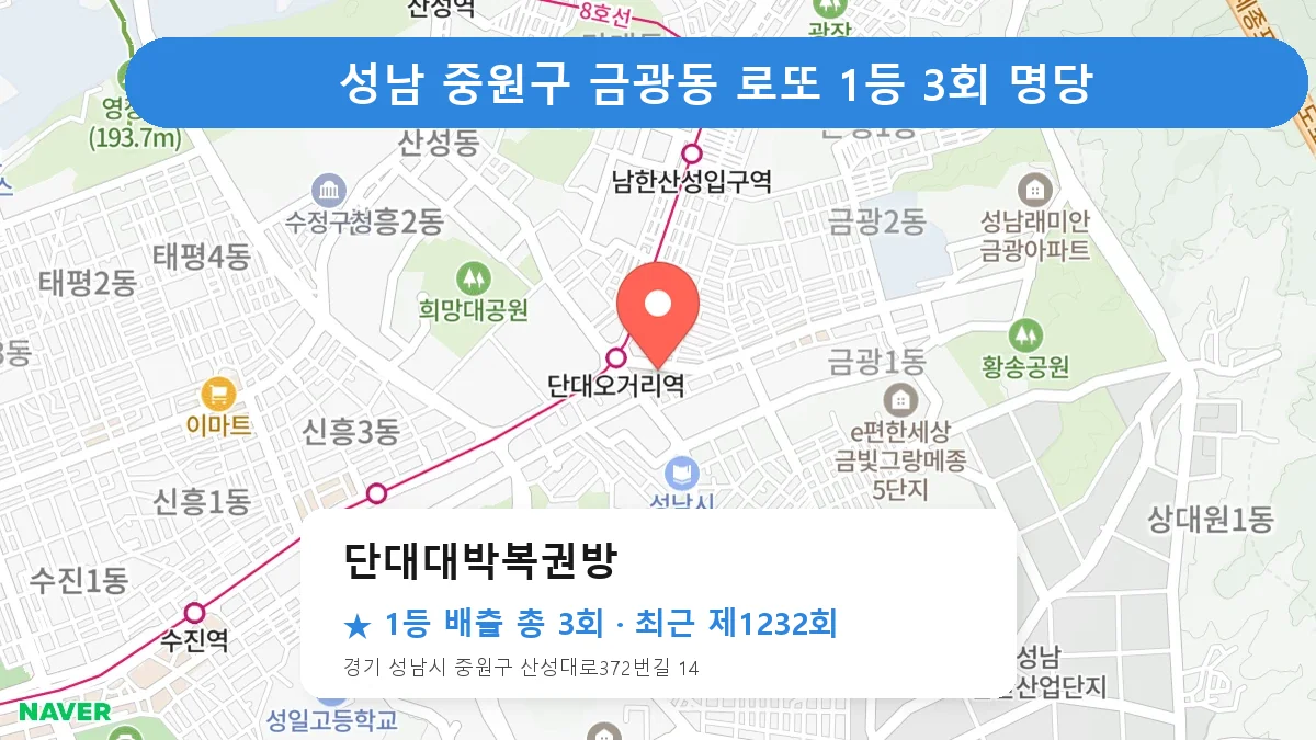 성남 중원구 단대대박복권방 로또 1등 3회 명당 | 위치·당첨 이력 (경기 성남시 중원구 금광동)