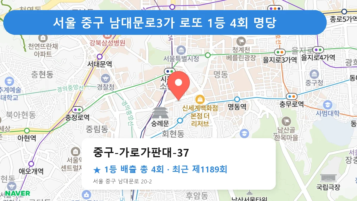 서울 중구 중구-가로가판대-37 로또 1등 4회 명당 | 위치·당첨 이력 (서울 중구 남대문로3가)