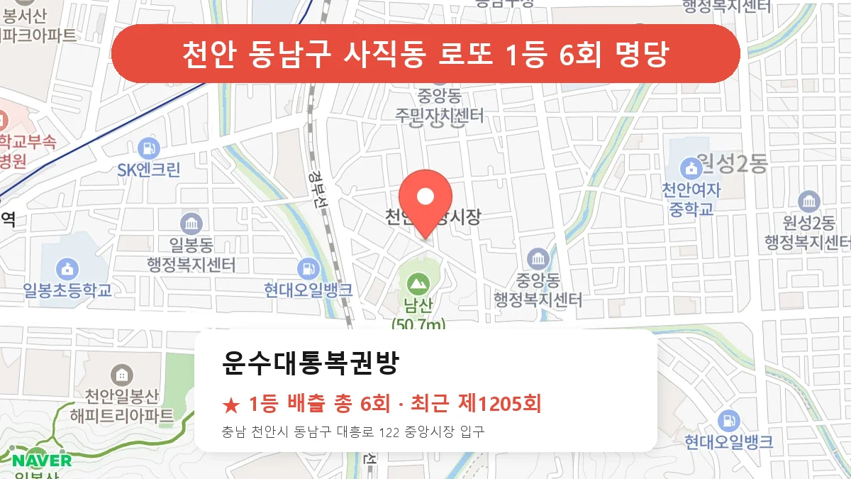 천안 동남구 운수대통복권방 로또 1등 6회 명당 | 위치·당첨 이력 (충남 천안시 동남구 사직동)