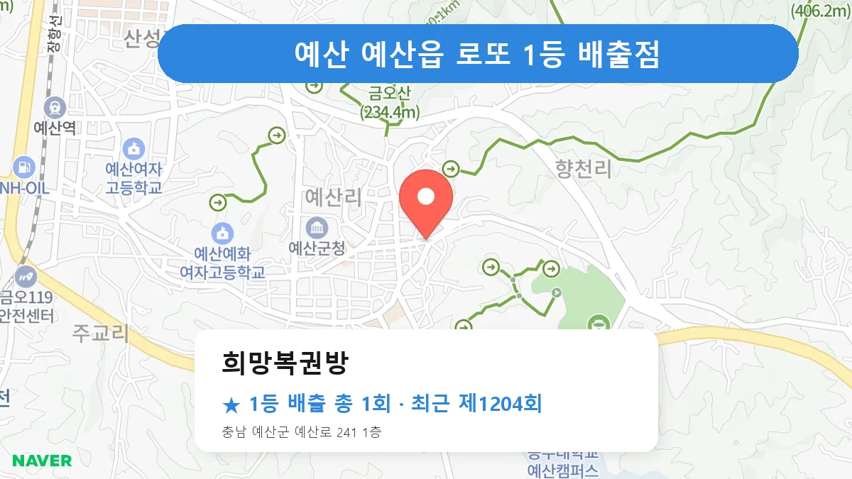 예산 희망복권방 로또 1등 1회 명당 | 위치·당첨 이력 (충남 예산군 예산읍)