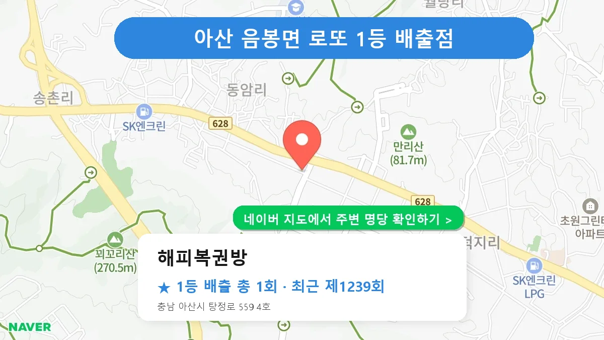 제1239회 아산시 음봉면 로또 명당 해피복권방 위치