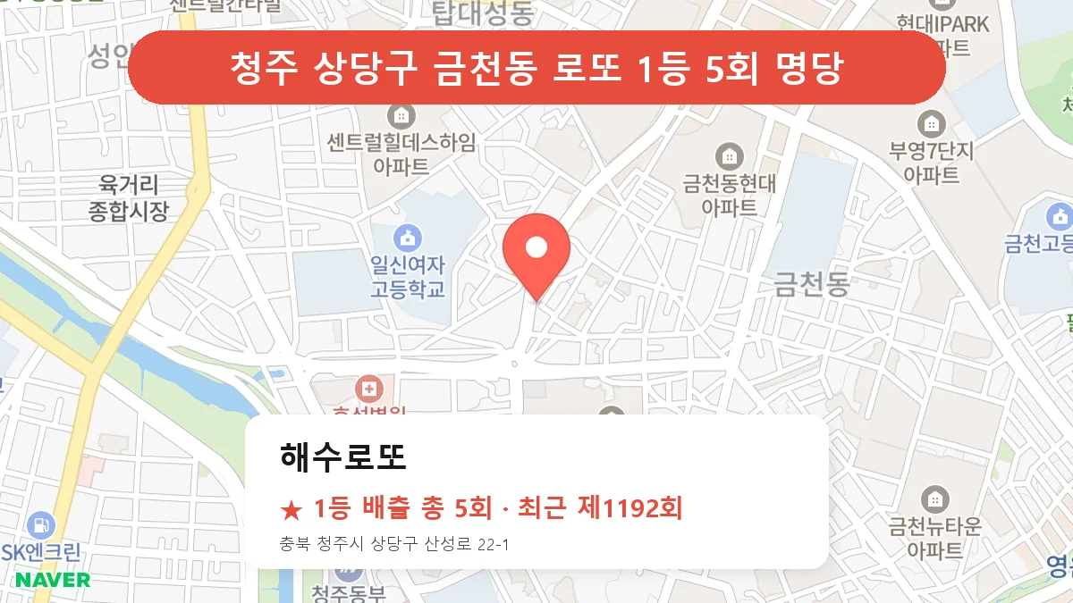청주 상당구 해수로또 로또 1등 5회 명당 | 위치·당첨 이력 (충북 청주시 상당구 금천동)
