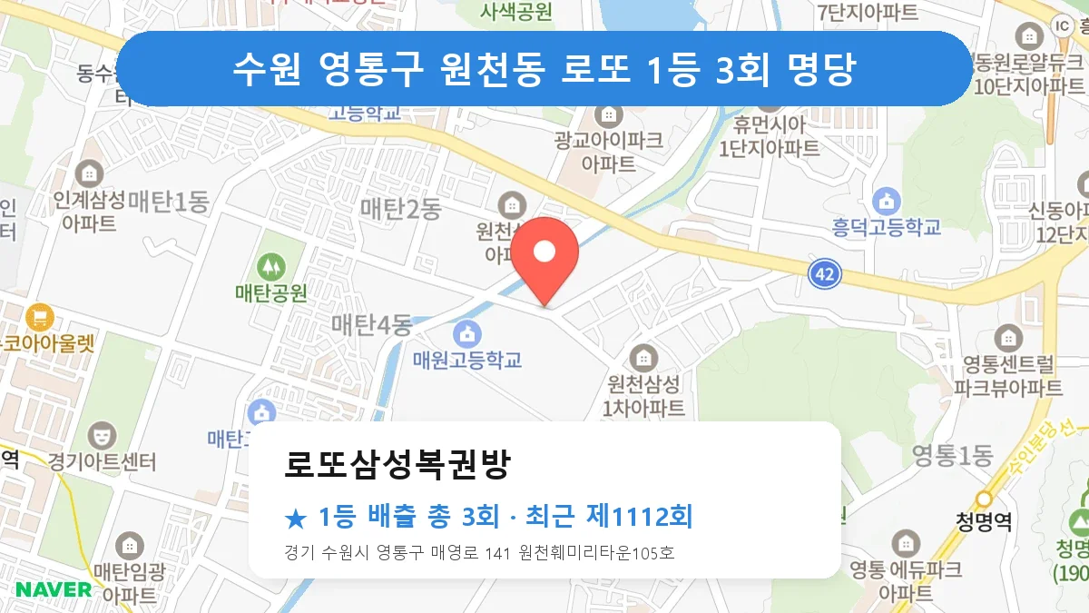 수원 영통구 로또삼성복권방 로또 1등 3회 명당 | 위치·당첨 이력 (경기 수원시 영통구 원천동)