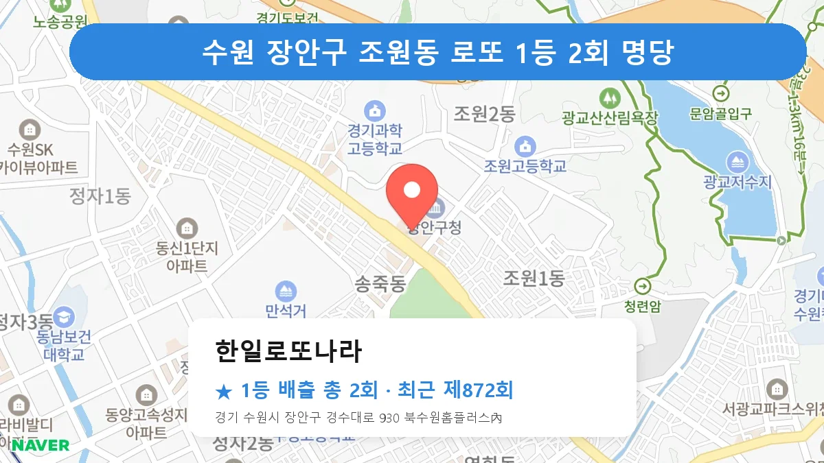 수원 장안구 한일로또나라 로또 1등 2회 명당 | 위치·당첨 이력 (경기 수원시 장안구 조원동)