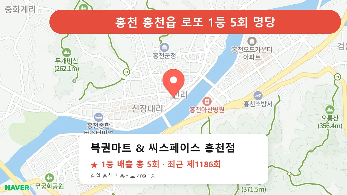홍천 복권마트 & 씨스페이스 홍천점 로또 1등 5회 명당 | 위치·당첨 이력 (강원 홍천군 홍천읍)