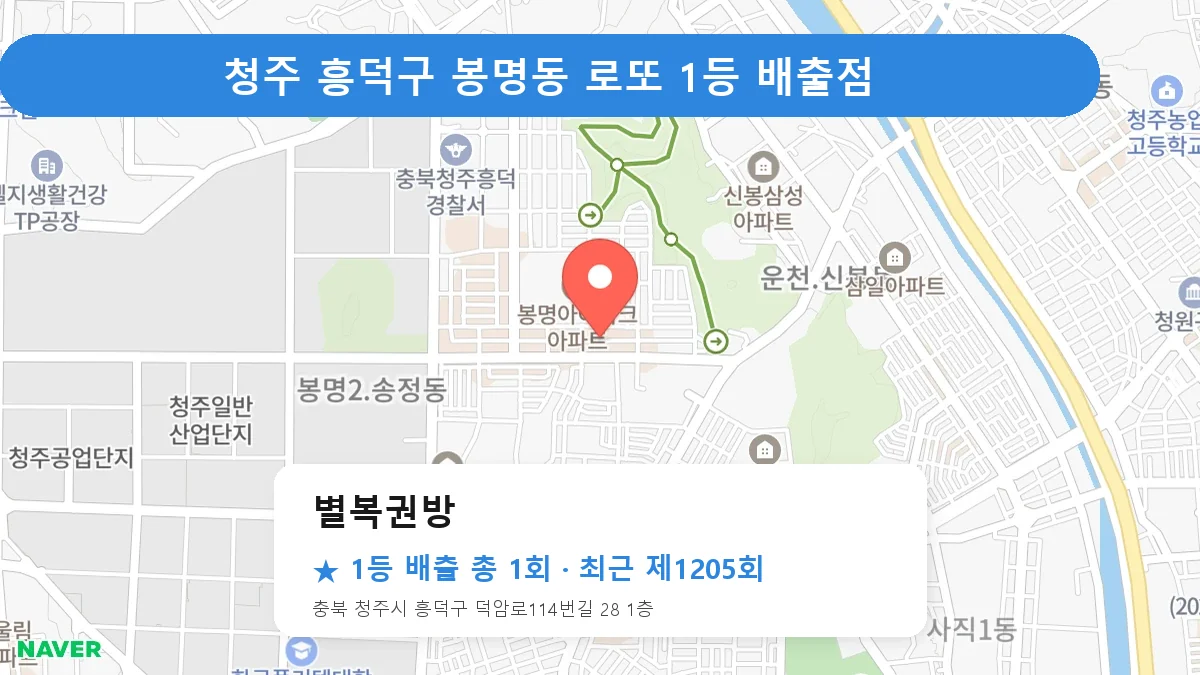 청주 흥덕구 별복권방 로또 1등 1회 명당 | 위치·당첨 이력 (충북 청주시 흥덕구 봉명동)