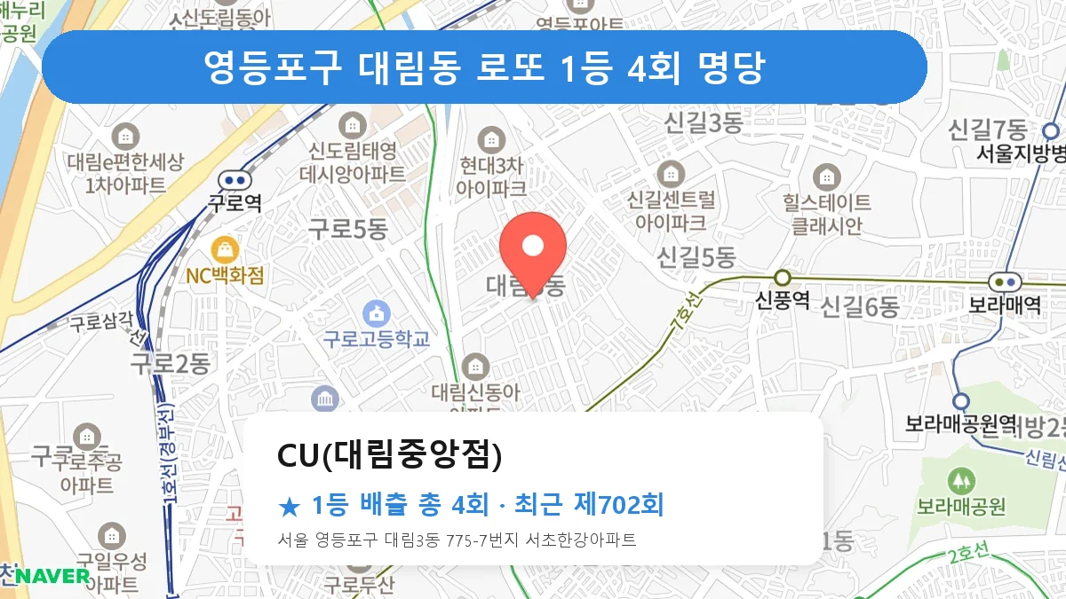 영등포구 CU(대림중앙점) 로또 1등 4회 명당 | 위치·당첨 이력 (서울 영등포구 대림동)