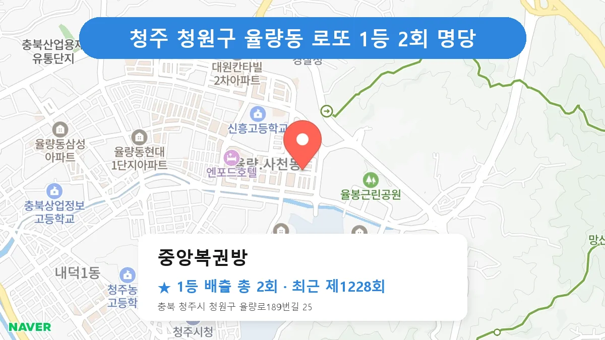 청주 청원구 중앙복권방 로또 1등 2회 명당 | 위치·당첨 이력 (충북 청주시 청원구 율량동)