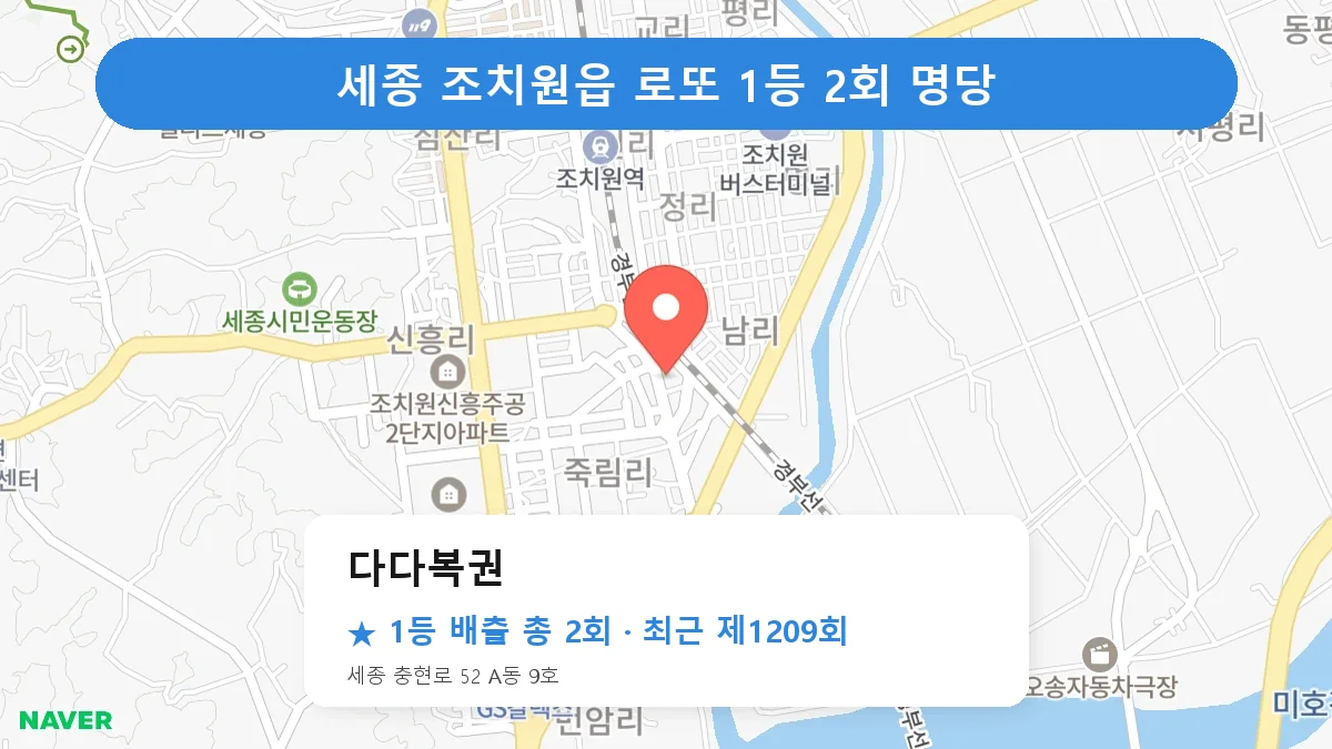 세종 다다복권 로또 1등 2회 명당 | 위치·당첨 이력 (세종 조치원읍)