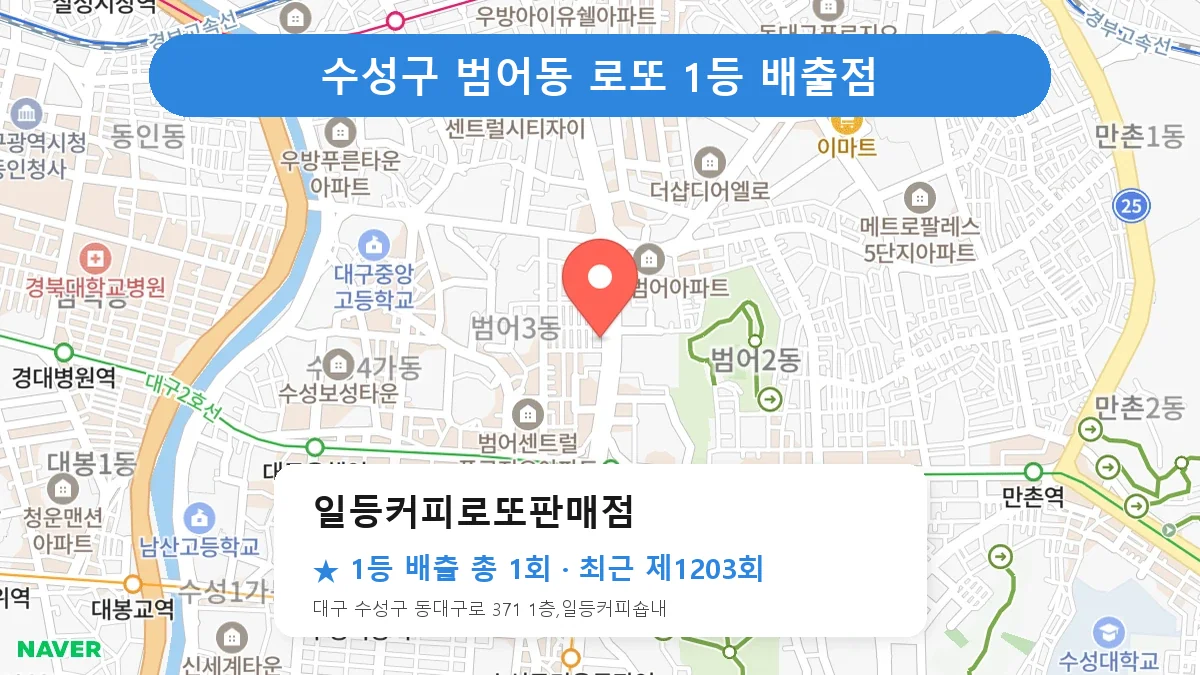 수성구 일등커피로또판매점 로또 1등 1회 명당 | 위치·당첨 이력 (대구 수성구 범어동)