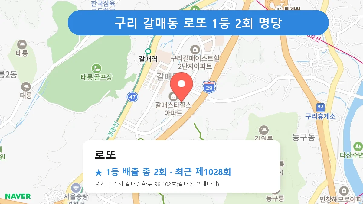 구리 로또 로또 1등 2회 명당 | 위치·당첨 이력 (경기 구리시 갈매동)