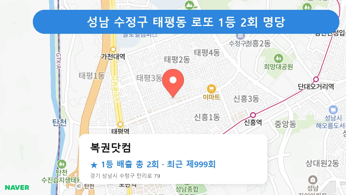 성남 수정구 복권닷컴 로또 1등 2회 명당 | 위치·당첨 이력 (경기 성남시 수정구 태평동)