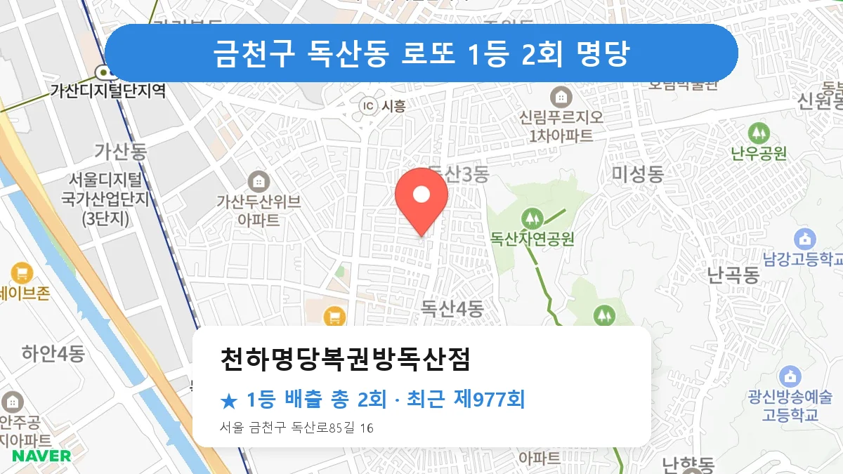 금천구 천하명당복권방독산점 로또 1등 2회 명당 | 위치·당첨 이력 (서울 금천구 독산동)