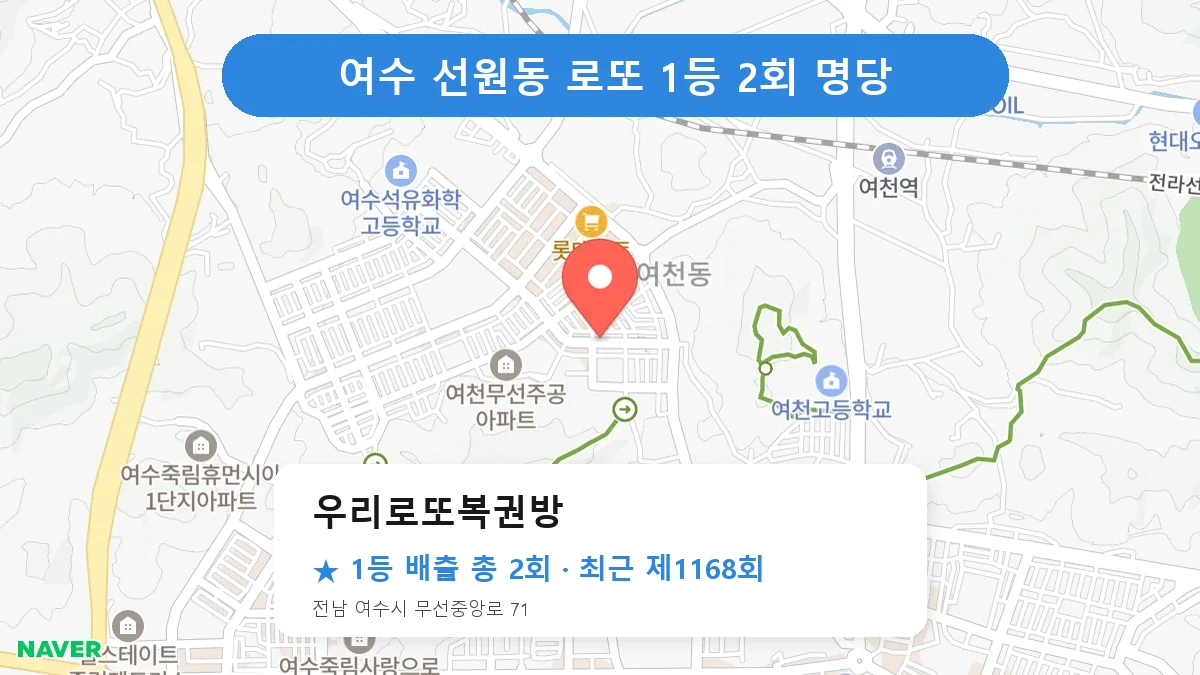 여수 우리로또복권방 로또 1등 2회 명당 | 위치·당첨 이력 (전남 여수시 선원동)