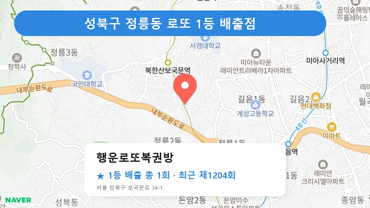 성북구 행운로또복권방 로또 1등 1회 명당 | 위치·당첨 이력 (서울 성북구 정릉동)