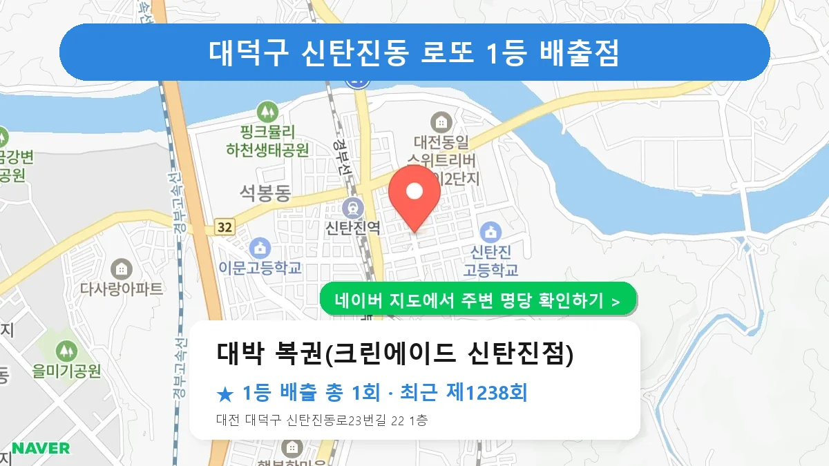 대덕구 대박 복권(크린에이드 신탄진점) 로또 1등 1회 명당 | 위치·당첨 이력 (대전 대덕구 신탄진동)