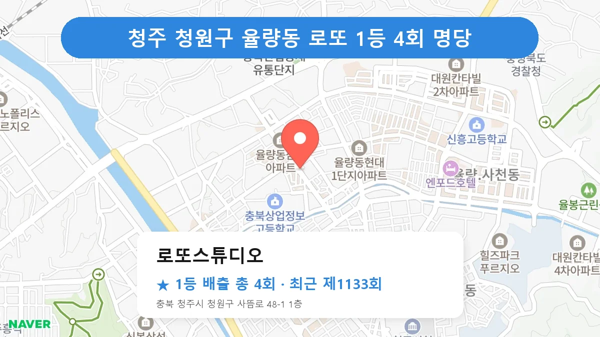 청주 청원구 로또스튜디오 로또 1등 4회 명당 | 위치·당첨 이력 (충북 청주시 청원구 율량동)