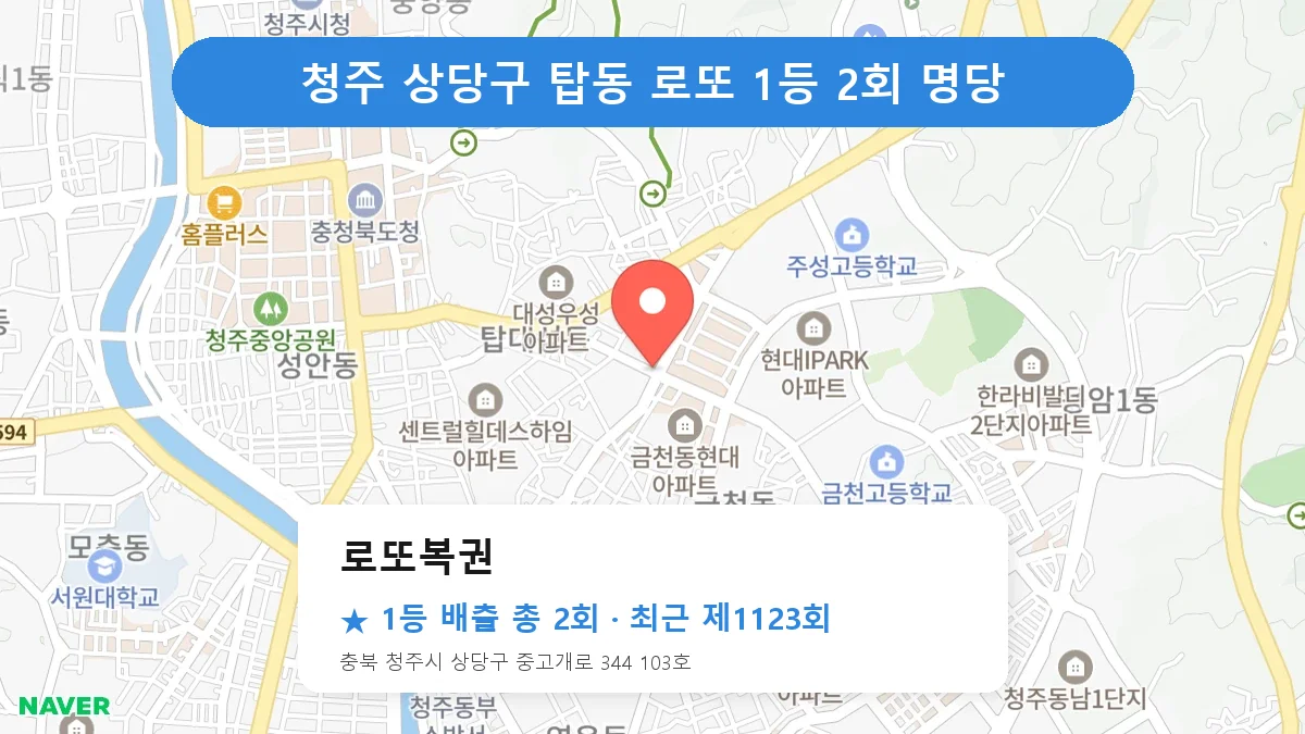 청주 상당구 로또복권 로또 1등 2회 명당 | 위치·당첨 이력 (충북 청주시 상당구 탑동)