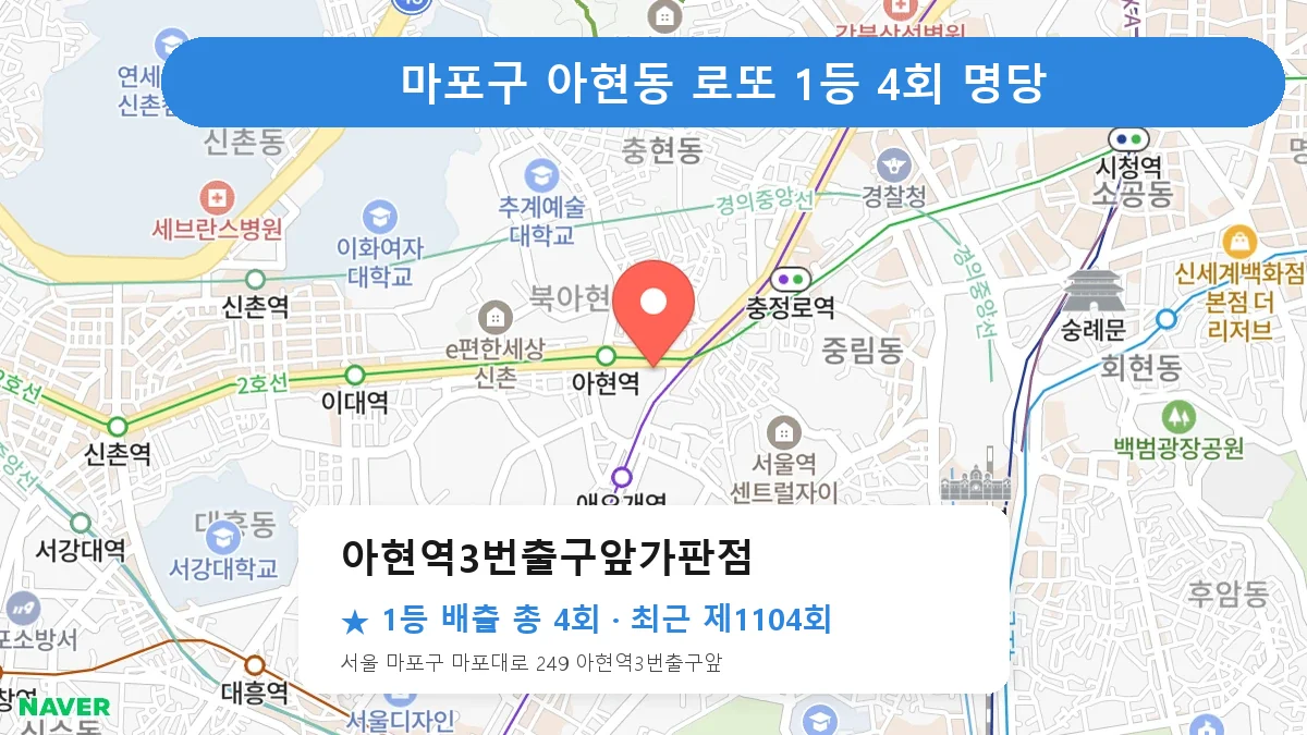 마포구 아현역3번출구앞가판점 로또 1등 4회 명당 | 위치·당첨 이력 (서울 마포구 아현동)