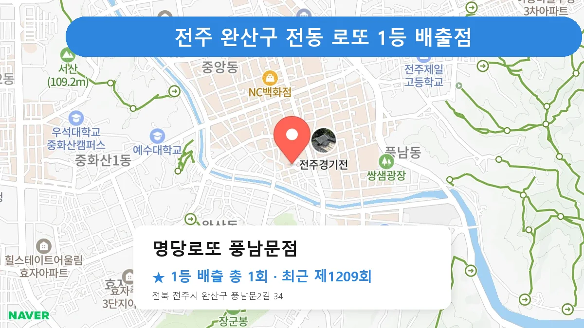 전주 완산구 명당로또 풍남문점 로또 1등 1회 명당 | 위치·당첨 이력 (전북 전주시 완산구 전동)