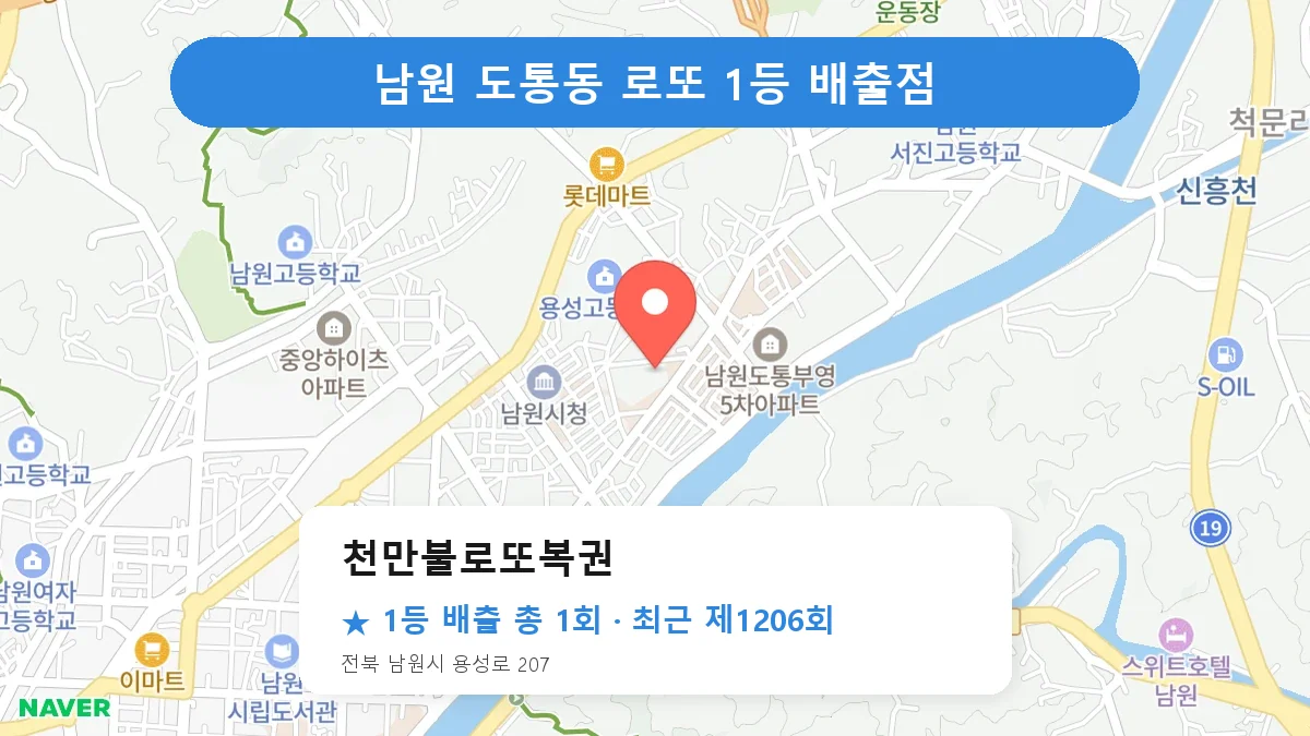 남원 천만불로또복권 로또 1등 1회 명당 | 위치·당첨 이력 (전북 남원시 도통동)
