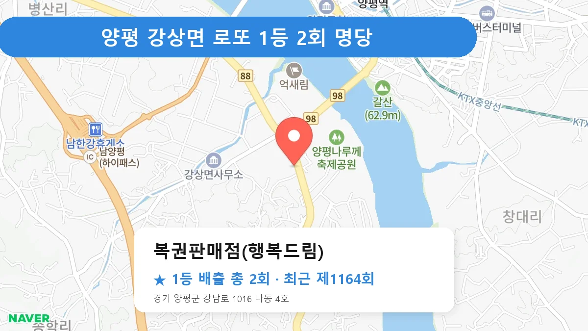양평 복권판매점(행복드림) 로또 1등 2회 명당 | 위치·당첨 이력 (경기 양평군 강상면)