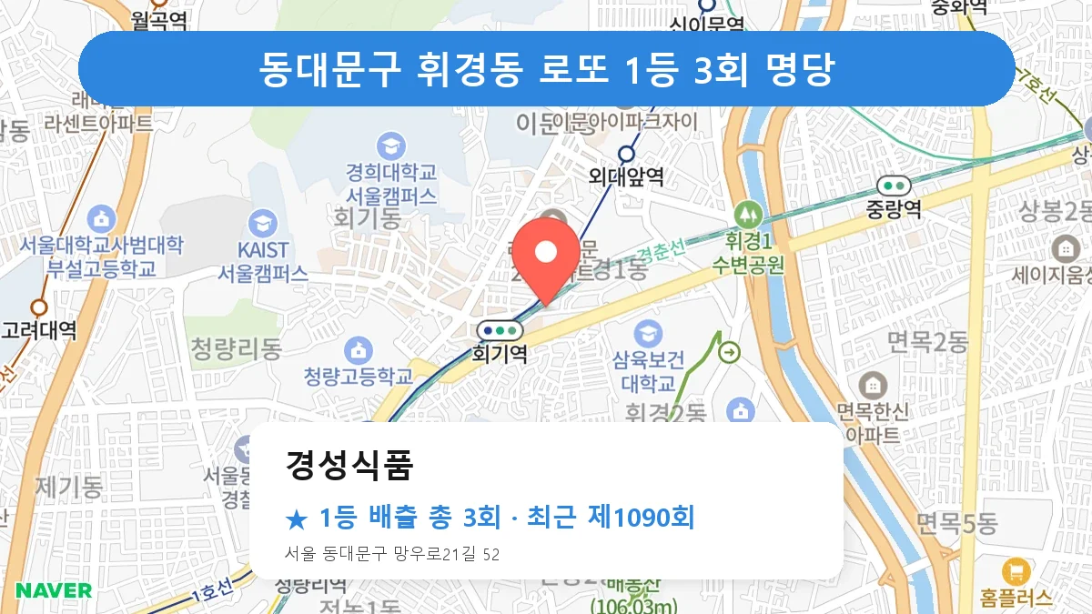 동대문구 경성식품 로또 1등 3회 명당 | 위치·당첨 이력 (서울 동대문구 휘경동)