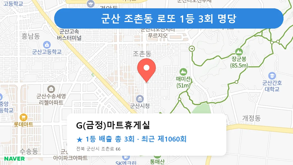 군산 G(금정)마트휴게실 로또 1등 3회 명당 | 위치·당첨 이력 (전북 군산시 조촌동)