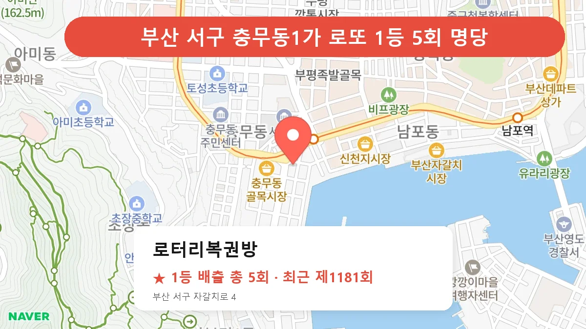 부산 서구 로터리복권방 로또 1등 5회 명당 | 위치·당첨 이력 (부산 서구 충무동1가)