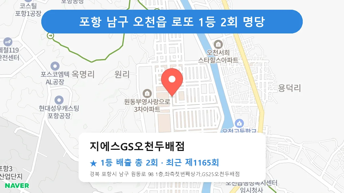 포항 남구 지에스GS오천두배점 로또 1등 2회 명당 | 위치·당첨 이력 (경북 포항시 남구 오천읍)