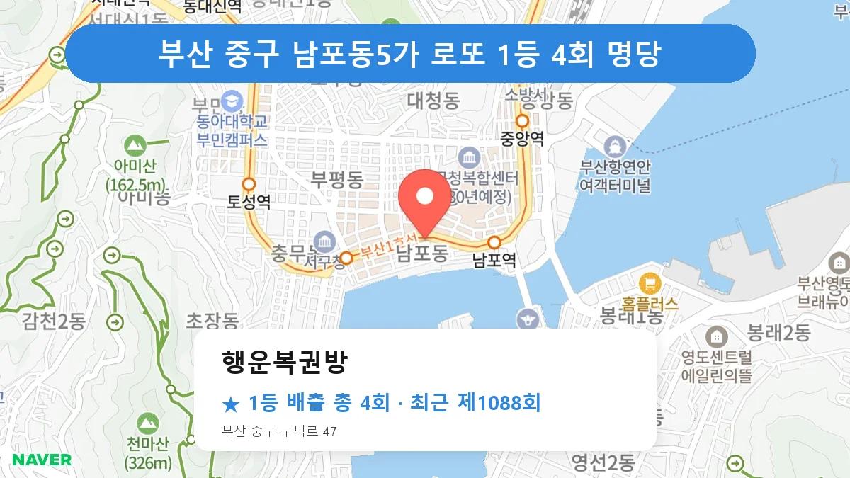 부산 중구 행운복권방 로또 1등 4회 명당 | 위치·당첨 이력 (부산 중구 남포동5가)