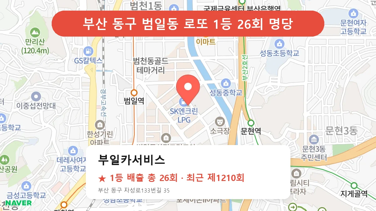 부산 동구 부일카서비스 로또 1등 26회 명당 | 위치·당첨 이력 (부산 동구 범일동)