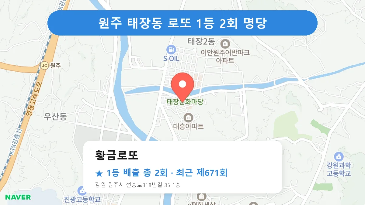 원주 황금로또 로또 1등 2회 명당 | 위치·당첨 이력 (강원 원주시 태장동)
