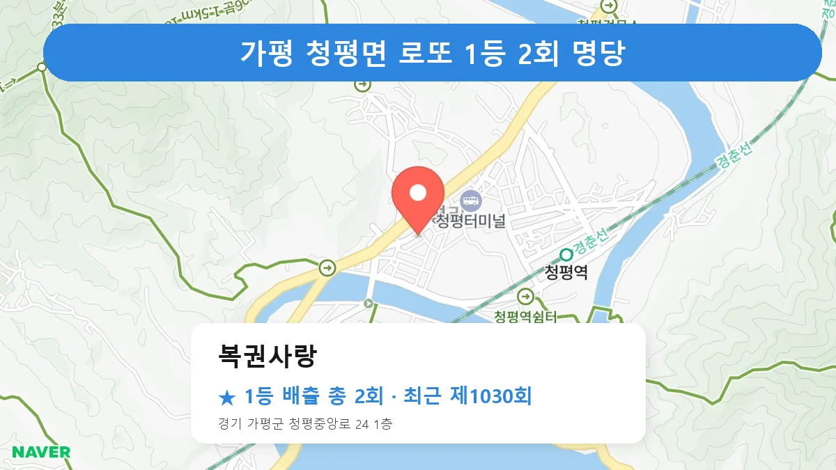 가평 복권사랑 로또 1등 2회 명당 | 위치·당첨 이력 (경기 가평군 청평면)