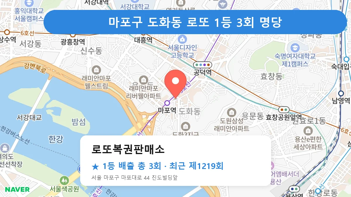마포구 로또복권판매소 로또 1등 3회 명당 | 위치·당첨 이력 (서울 마포구 도화동)