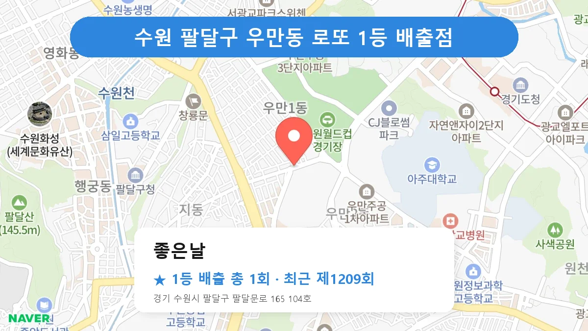 수원 팔달구 좋은날 로또 1등 1회 명당 | 위치·당첨 이력 (경기 수원시 팔달구 우만동)