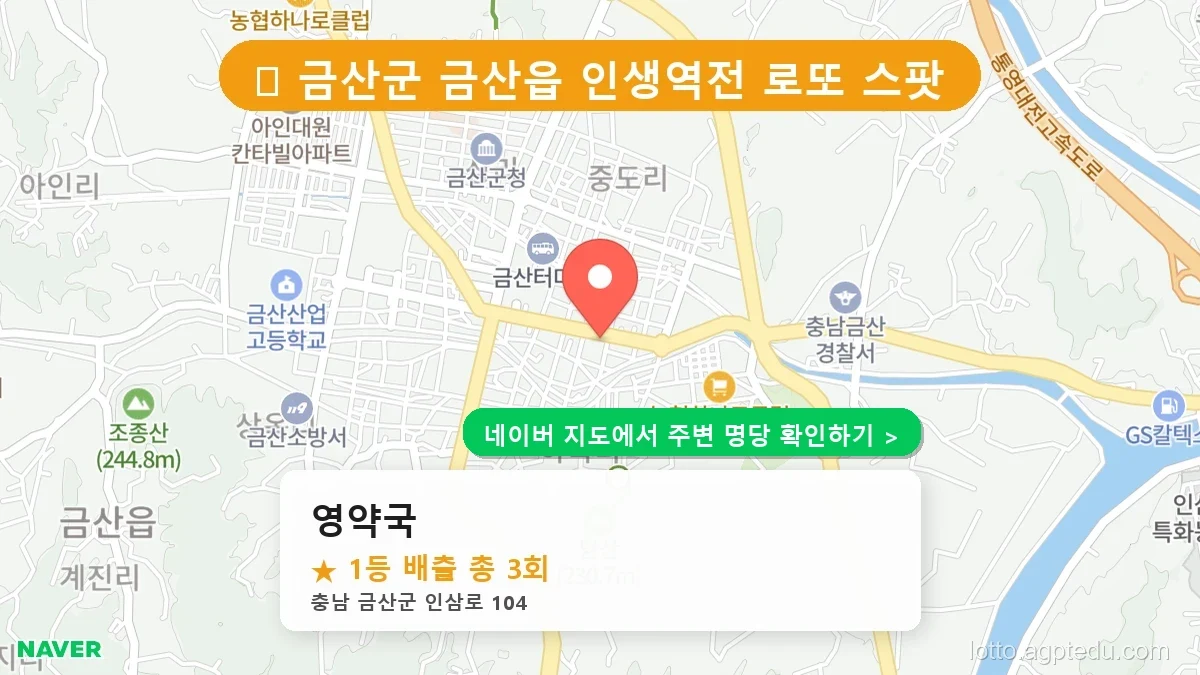 [충남 금산군 로또 명당 BEST] 금산읍 1등 최다 배출점 ‘영약국’ 명당 분석 및 위치 안내